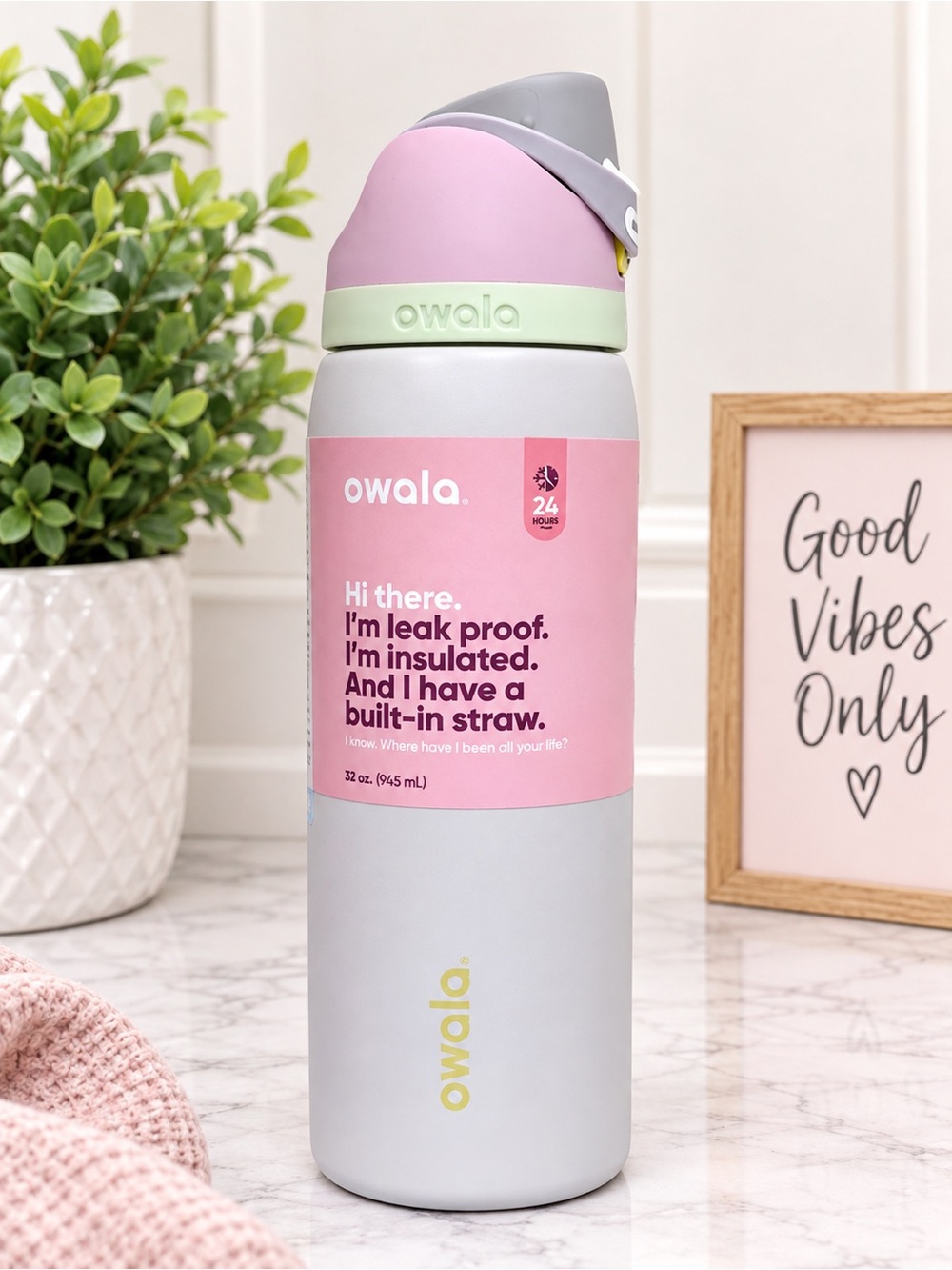 owala Insulated Water Bottle in Pink & Light Gray with Built-In Straw